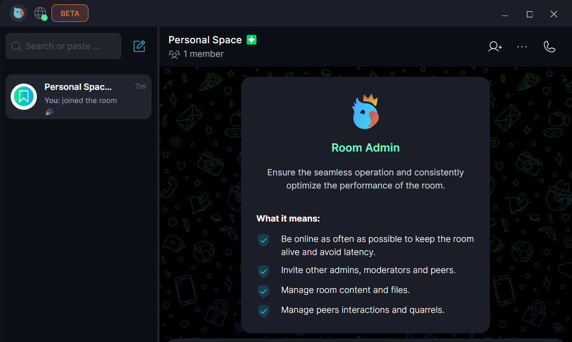 Personal Group ๐ ยท Explore possibilities Keet app screenshot: Explore possibilities.