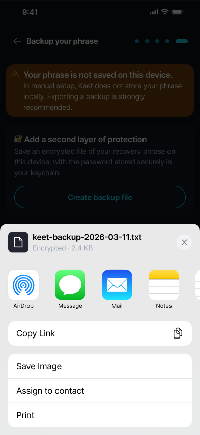 Back Up Your Profile Keet opens the native export/share dialog to save the file.