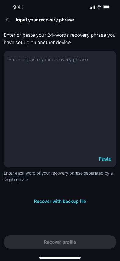 Recover a Profile Enter or paste your 24-word recovery phrase.
