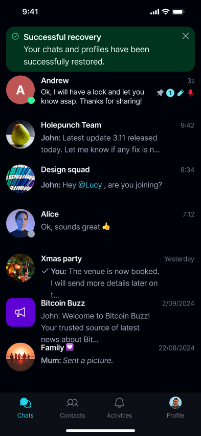 Recover a Profile A 'Successful recovery' message confirms your chats and profile are restored.